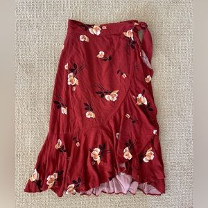 free people ruffled midi wrap skirt in a red floral pattern! size 4